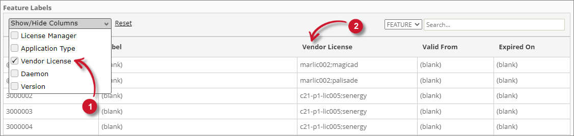 Analysis Server Feature Labeling: Show/Hide Columns Main Table