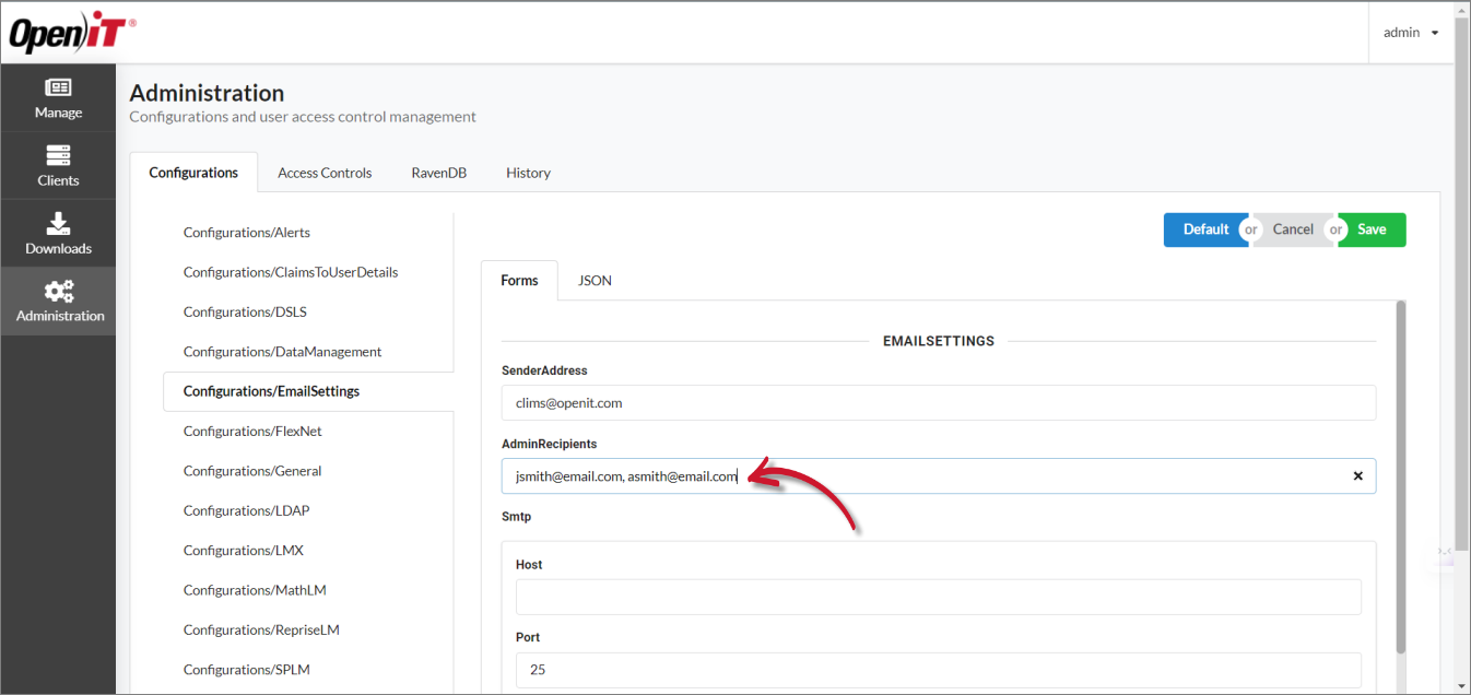 Configurations/EmailSettings: Admin Recipients