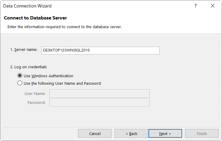 Specifying the Server and Login Credentials