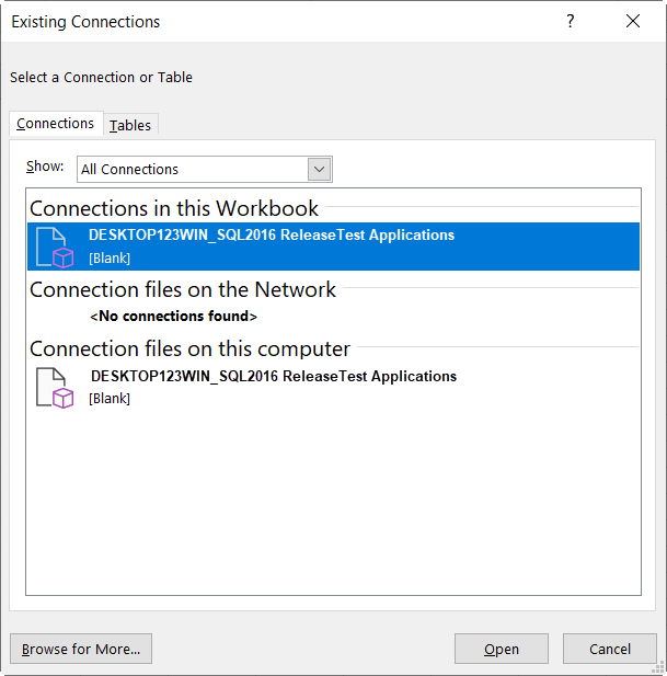 Selecting an Existing Connection