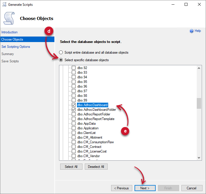 Generate Scripts Tables