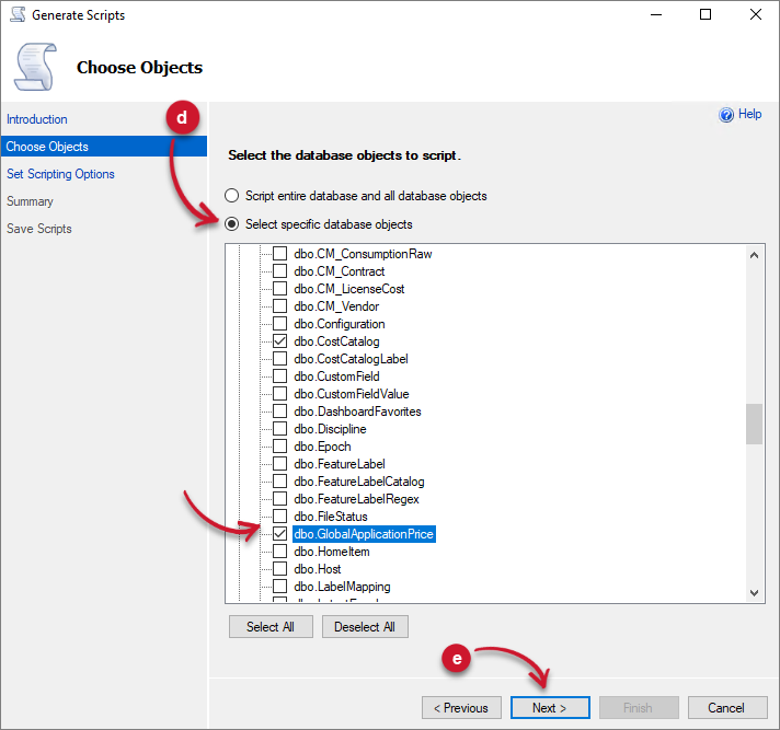 Generate Scripts Tables