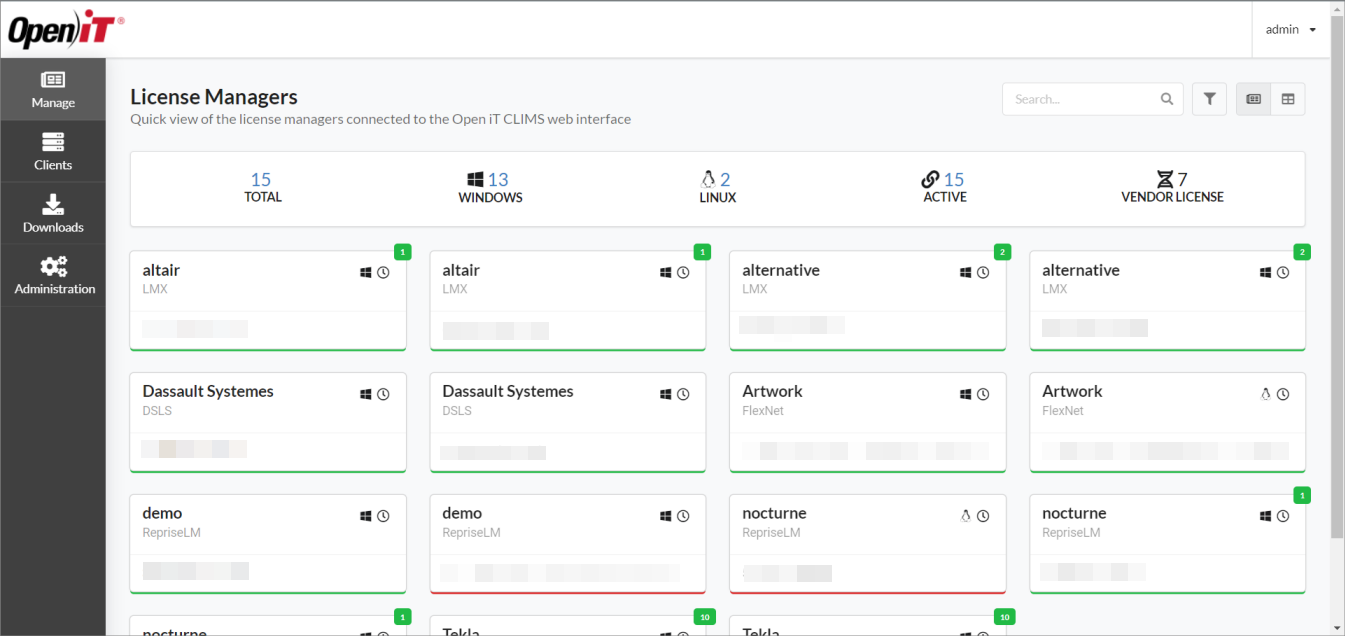 License Managers Page (Default View)