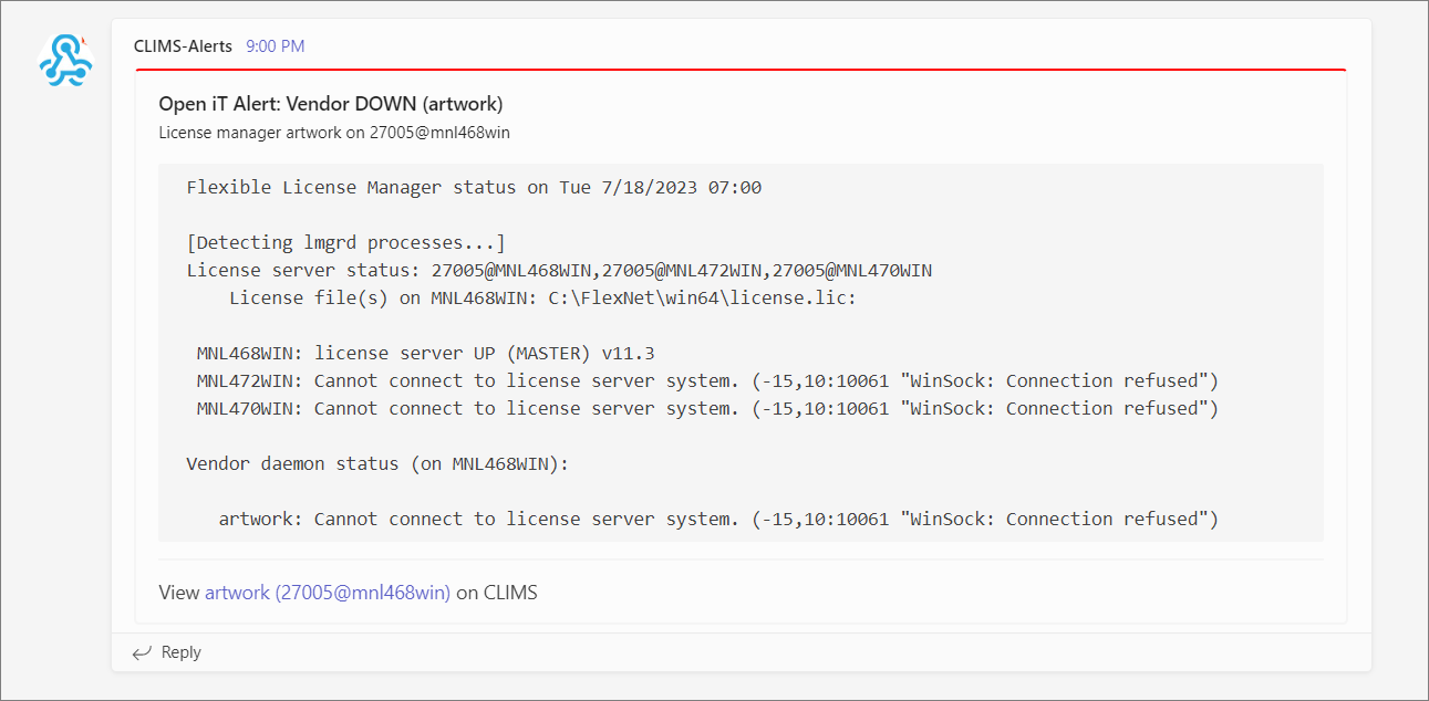 Sample CLIMS Alert in an MS Teams Channel