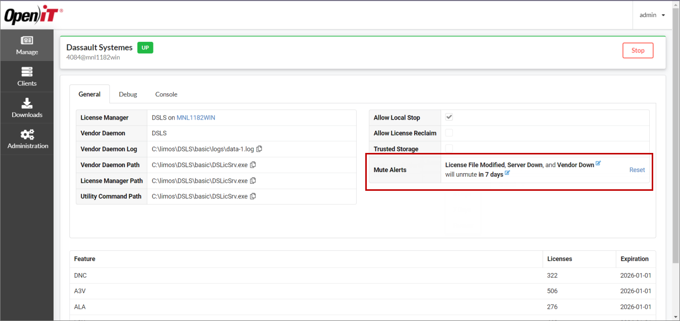General Tab: Configured Mute Alerts
