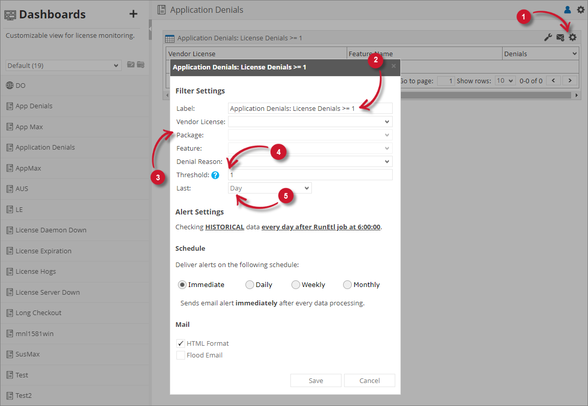 Application Denials Filter Settings