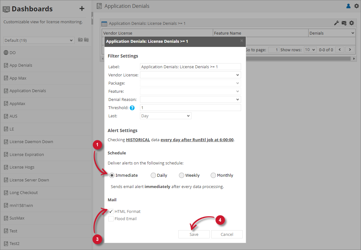 Application Denials Alert Settings