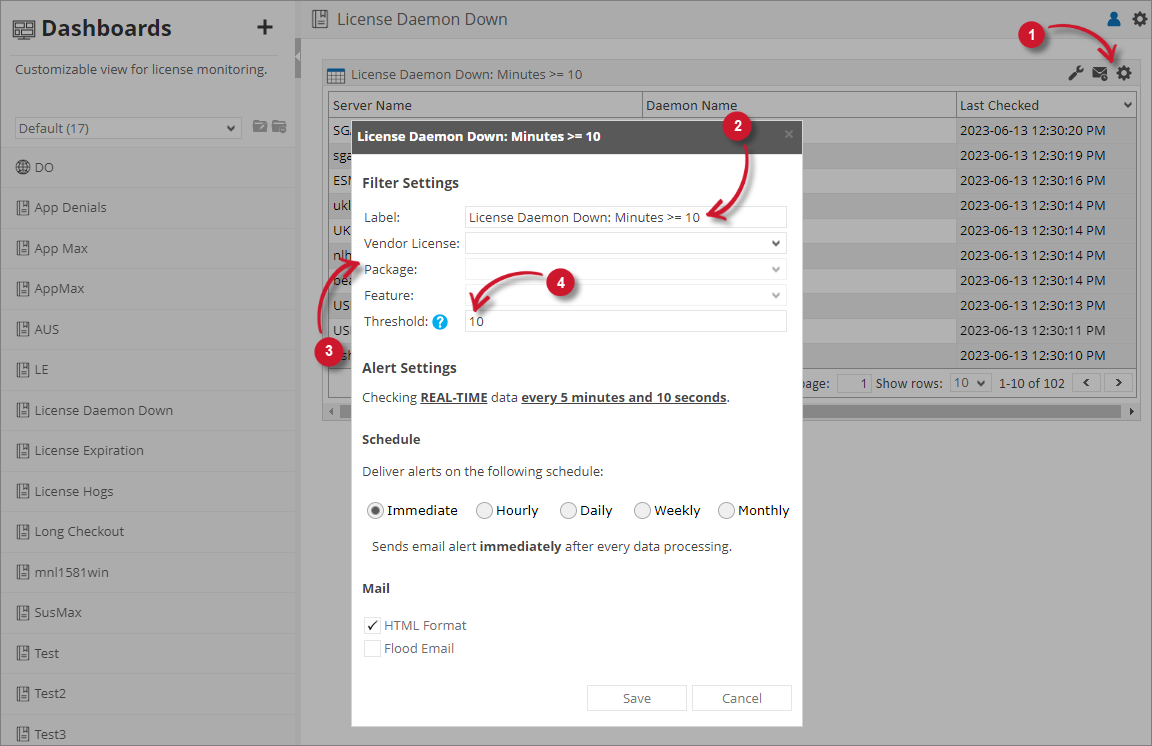 License Daemon Down Filter Settings