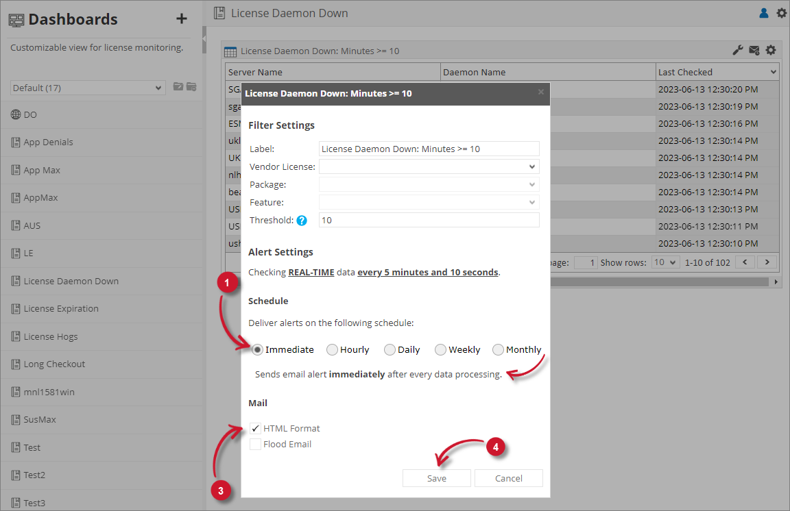 License Daemon Down Alert Settings