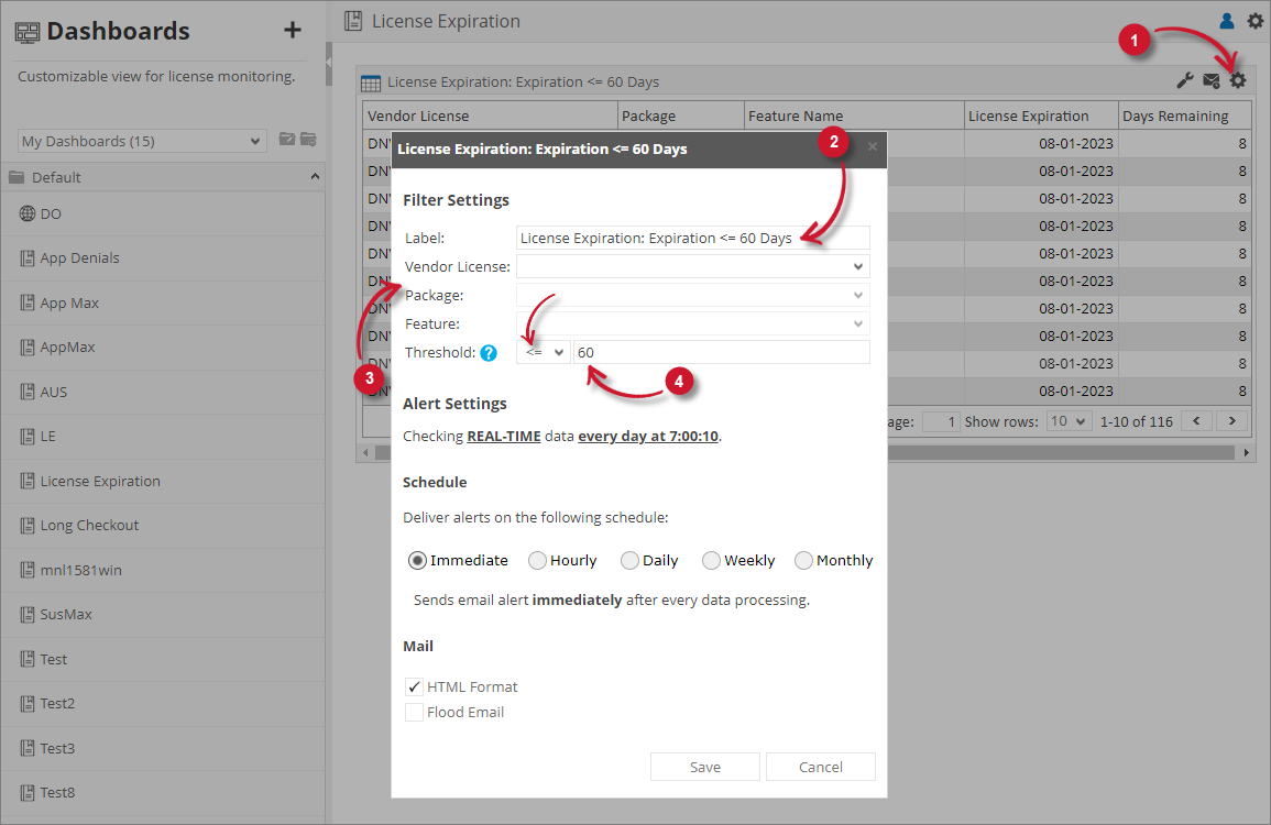 License Expiration Filter Settings