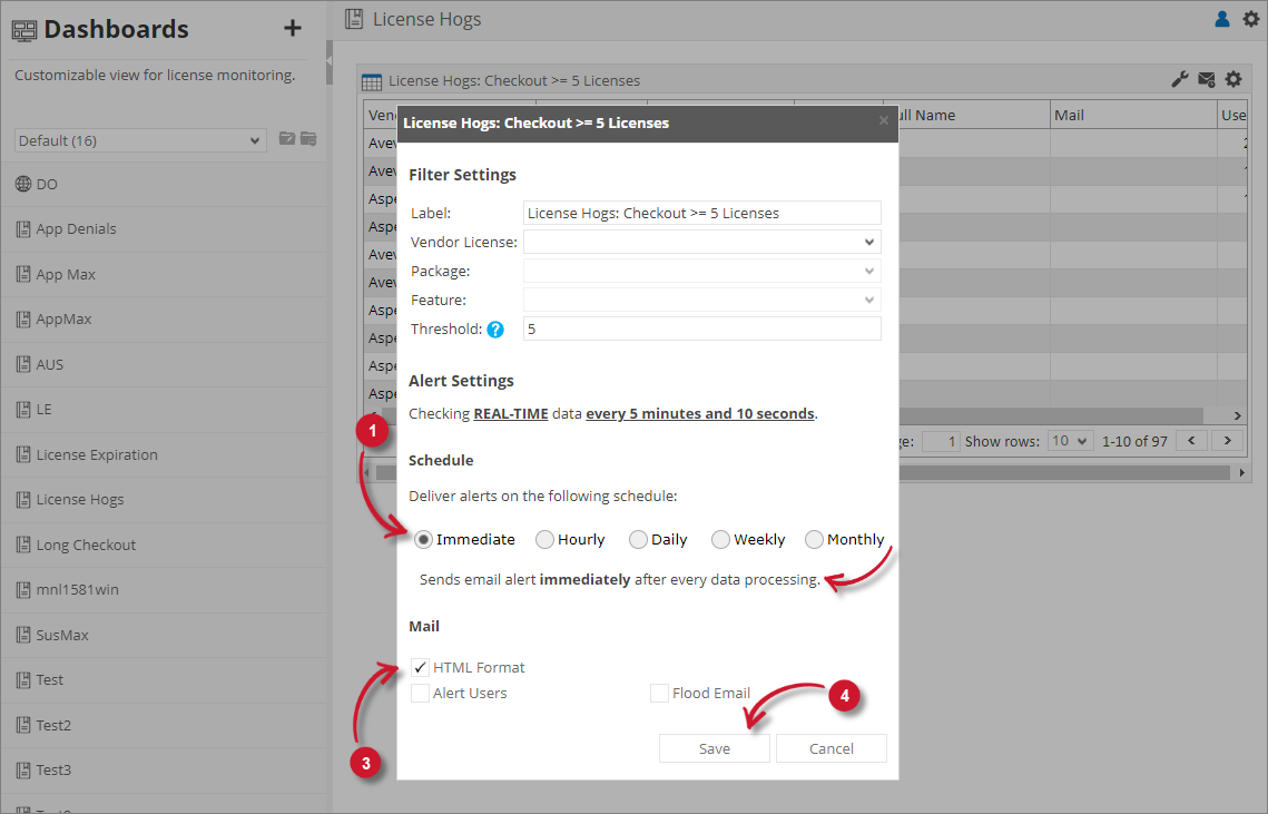 License Hogs Alert Settings