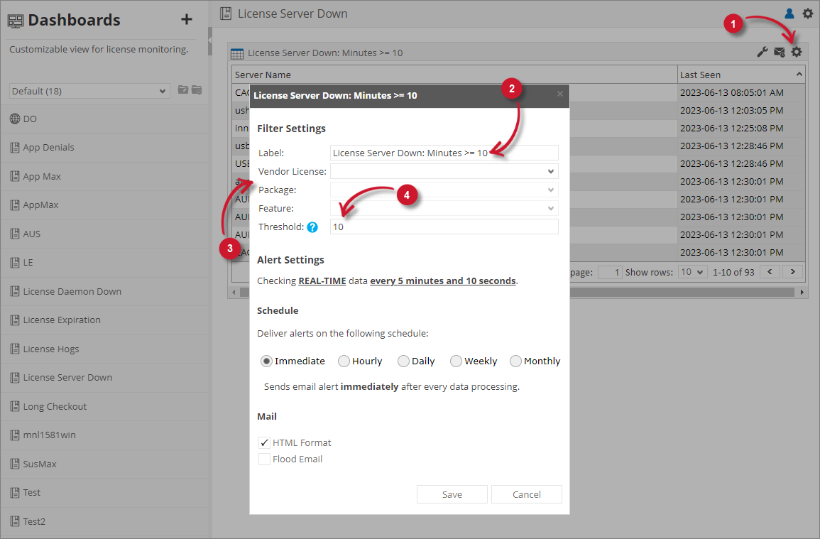 License Server Down Filter Settings