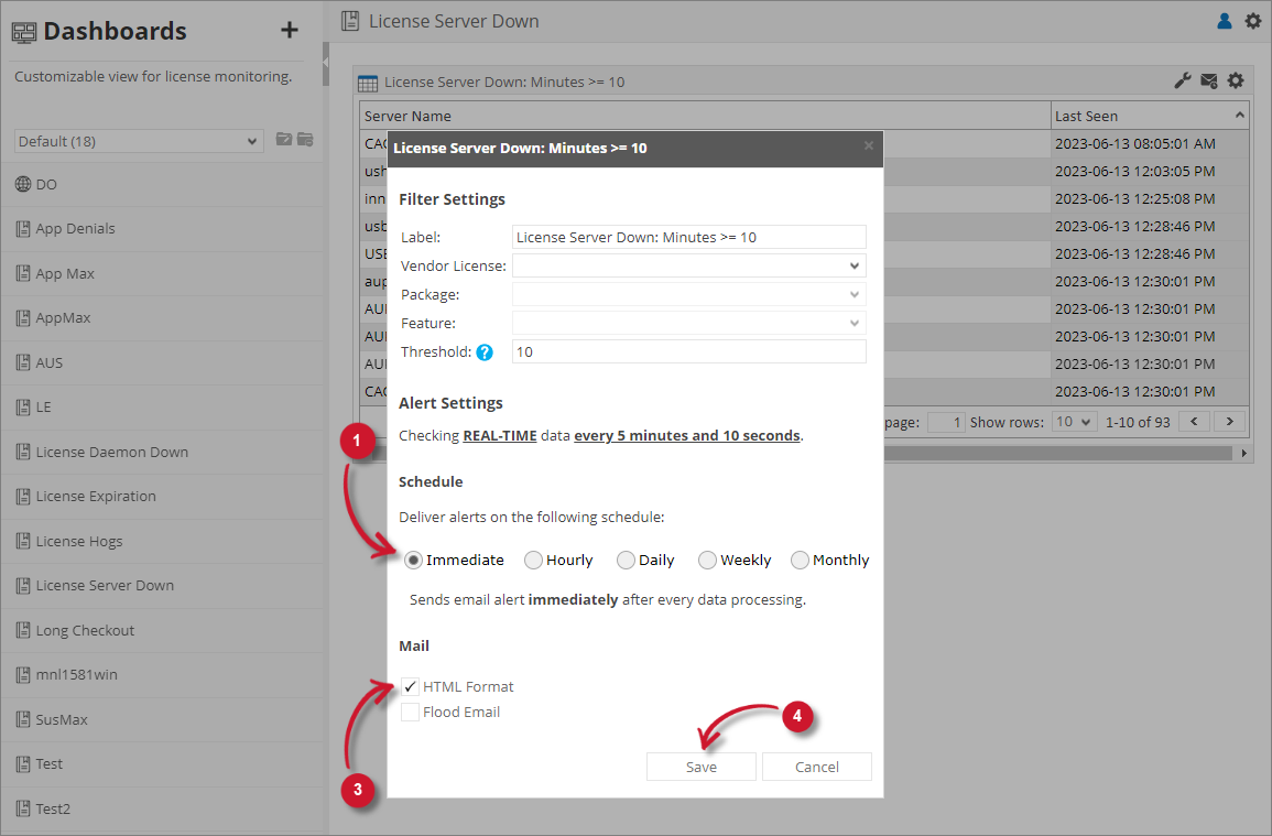 License Server Down Alert Settings