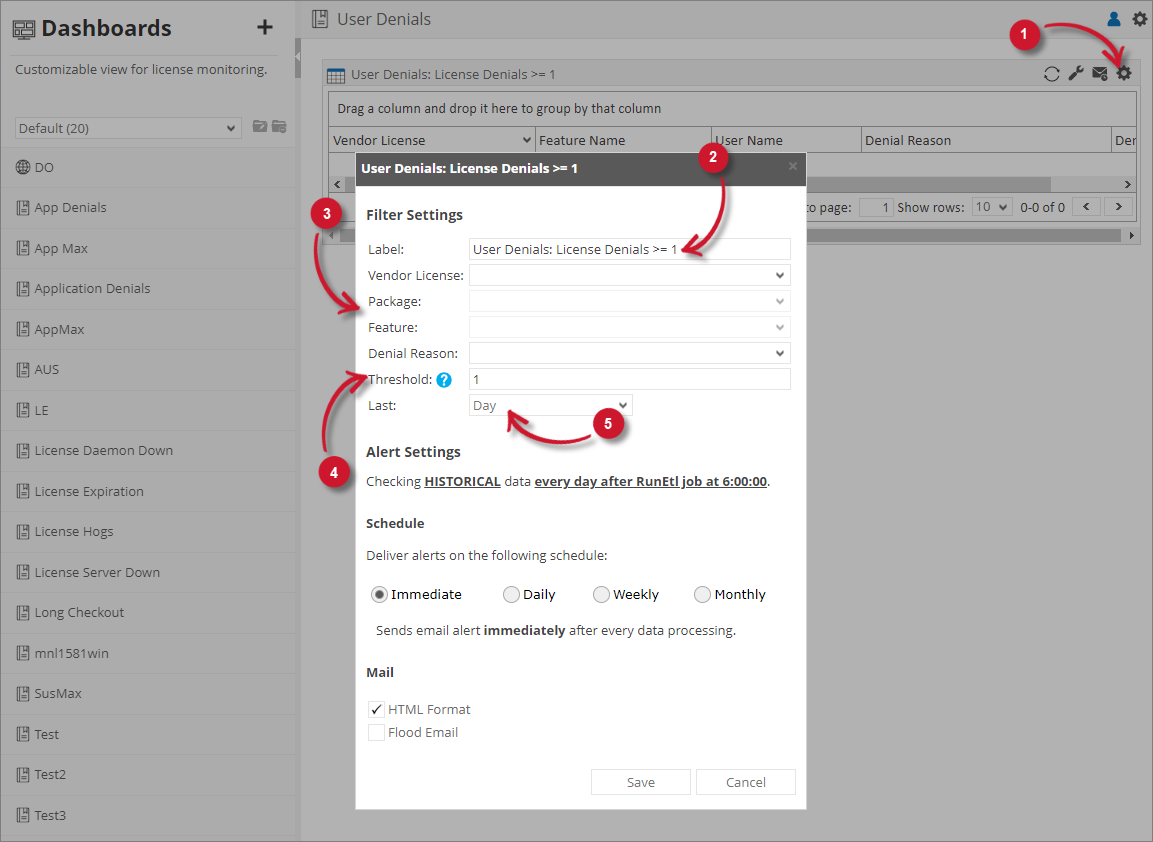 User Denials Filter Settings