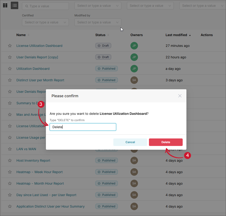 Confirming Deletion of a Dashboard