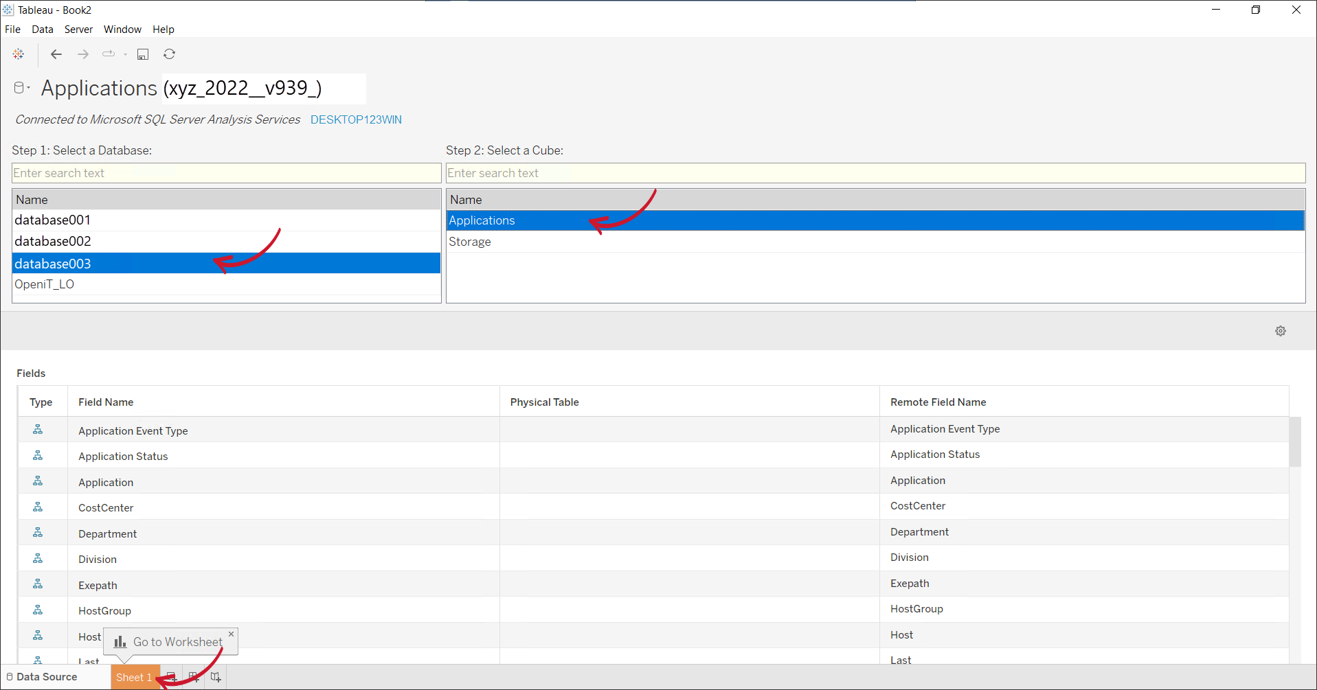 Specifying the Database and Cube