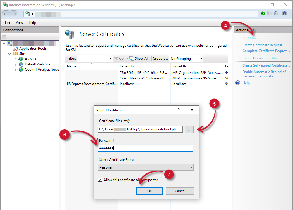 Web Site Import SSL Certificate