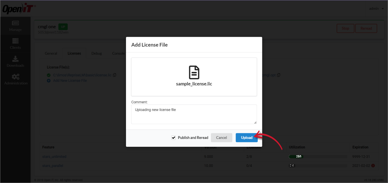 Add New License File: Upload