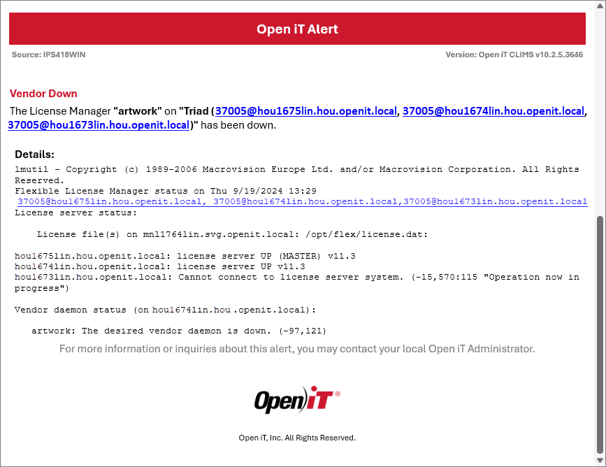 Vendor Daemon Down Alert